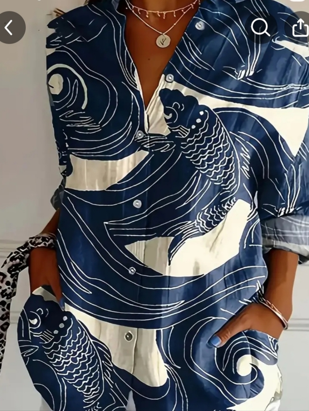 Blouse Oversized Blue Fish Print Fabulous Fit And Feel.  Best Fits 12/14 New